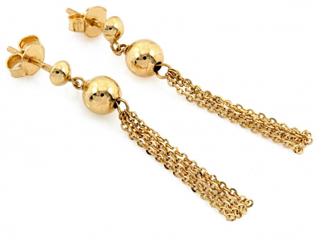 Kolczyki złote długie wiszące z kulkami i łańcuszkami