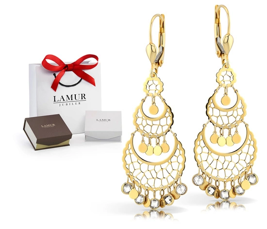 Złote kolczyki 585 - wiszące ażurowe z cyrkoniami