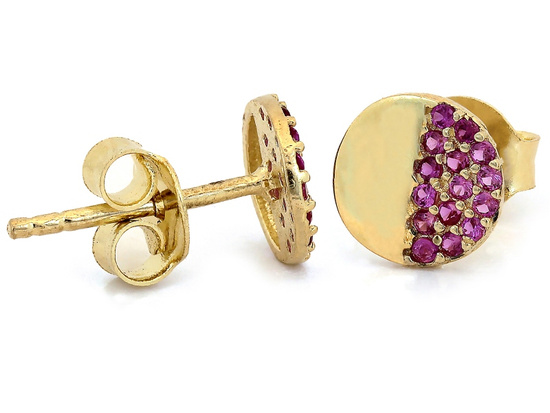 Kolczyki złote kółeczka z czerwonymi cyrkoniami na sztyfcie