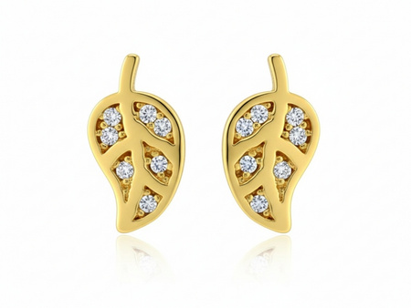 Złote kolczyki liście na sztyfcie z cyrkoniami