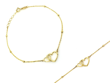 Bransoletka złota łańcuszkowa dwa serca  kulkami