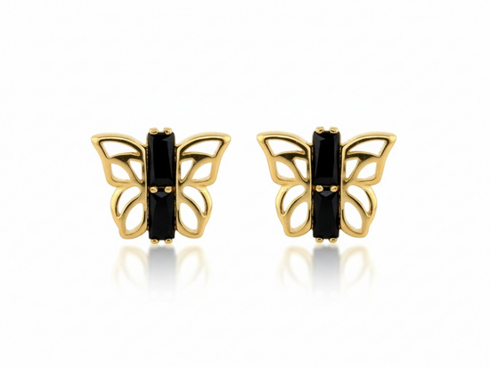 Kolczyki złote na sztyfcie z motylkiem z czarnymi kamieniami