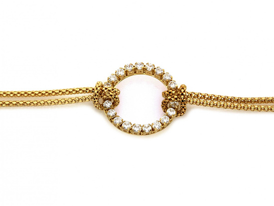 Złota bransoletka podwójny łańcuszek obręcz z cyrkoniami