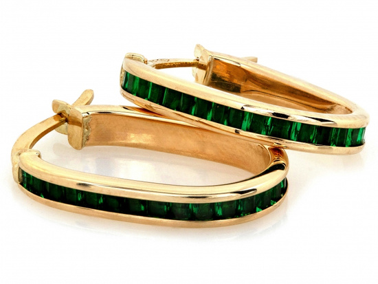 Kolczyki angielskie złote koła owalne z zielonymi cyrkoniami