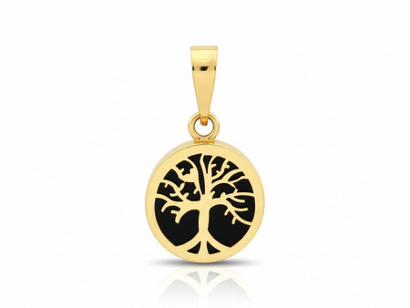 Zawieszka złota okrągła z onyksem i drzewkiem szczęścia