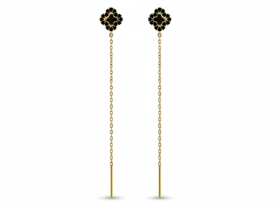 Złote kolczyki przeciągane kwiatki z czarnymi cyrkoniami