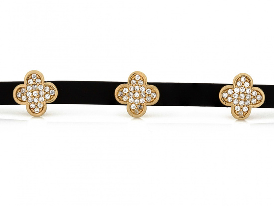 Bransoletka złota kwiatki z cyrkoniami na czarnym pasku