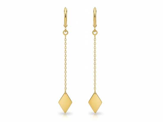 Kolczyki złote długie łańcuszki zakończone małym rombem