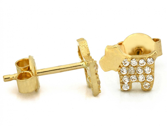 Kolczyki złote na sztyfcie piesek z cyrkoniami