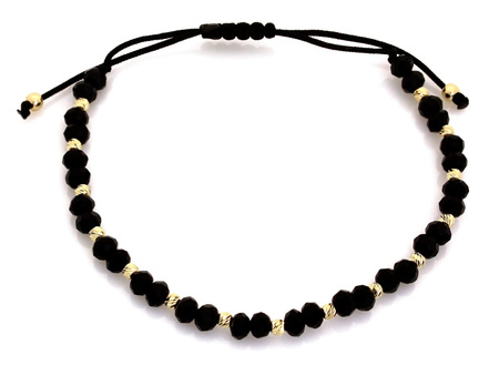 Złota bransoletka z kulkami i onyksami na czarnym sznurku