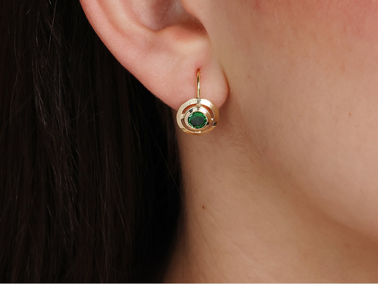 Kolczyki złote angielskie z zielonymi cyrkoniami