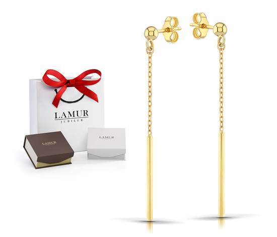 Złote kolczyki 585 wiszące - z ozdobnym łańcuszkiem