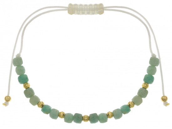 Bransoletka złote kulki i zielone kamienie na białym sznurku