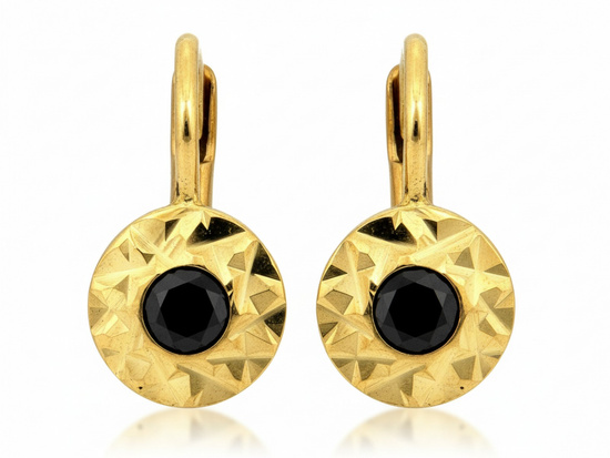 Złote kolczyki angielskie okrągłe z czarną cyrkonią