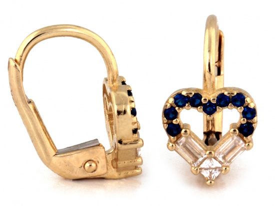 Kolczyki złote z sercami z niebieskimi cyrkoniami