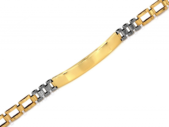Bransoletka złota z dwukolorowych elementów z blaszką pod grawer