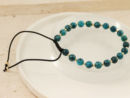 Bransoletka złota złote kulki na sznurku w stylu boho kamienie syntetyczne