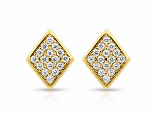 Kolczyki złote romby z cyrkoniami na sztyfcie przy uchu
