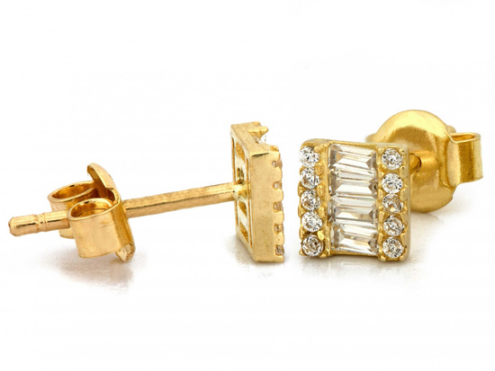 Kolczyki złote kwadratowe z cyrkoniami na sztyfcie