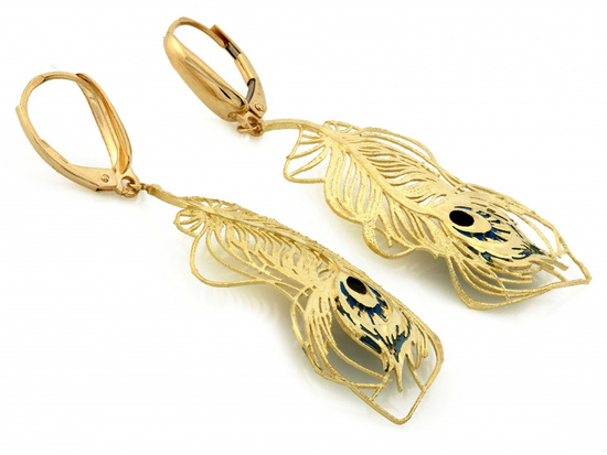 Kolczyki złote pawie pióra duże wiszące z emalią