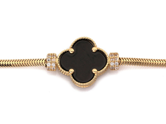 Bransoletka złota z cyrkoniami i czarnym onyksem z kwiatkiem