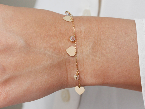 Bransoletka złota łańcuszkowa trzy wiszące serca z cyrkoniami