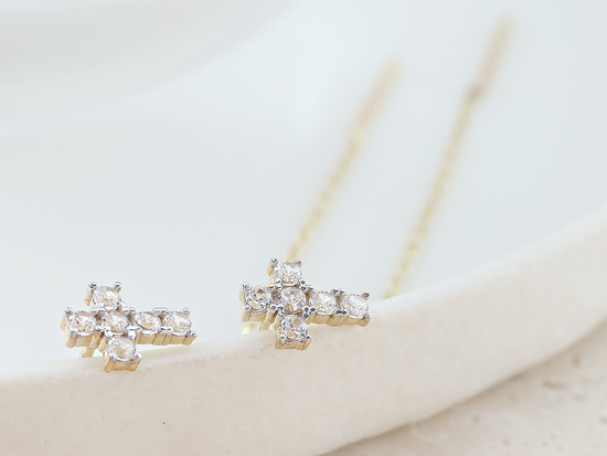 Kolczyki złote przeciągane krzyżyk z cyrkoniami