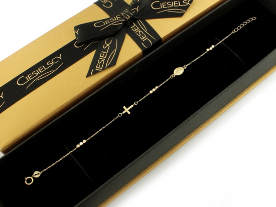 Złota bransoletka łańcuszkowa z krzyżykiem medalikiem