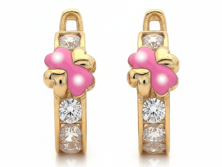 Złote kolczyki dla dziewczynki z cyrkoniami i różową emalią