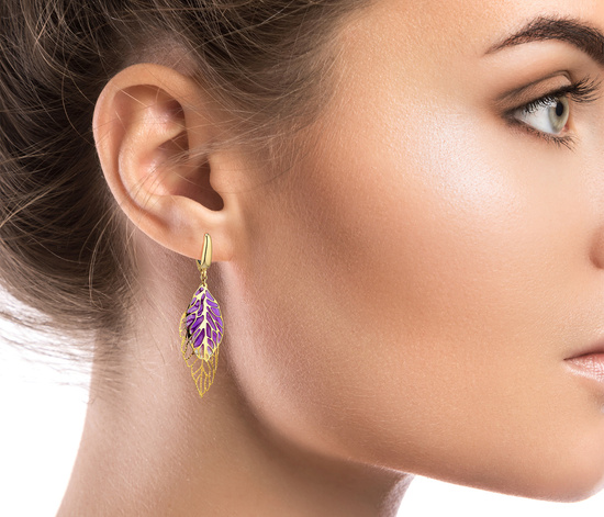 Złote kolczyki 585 - wiszące ażurowe listki