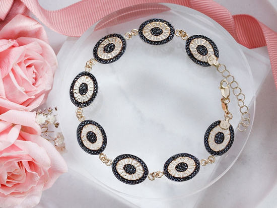 Bransoletka złota duże owalne elementy z czarnymi cyrkoniami