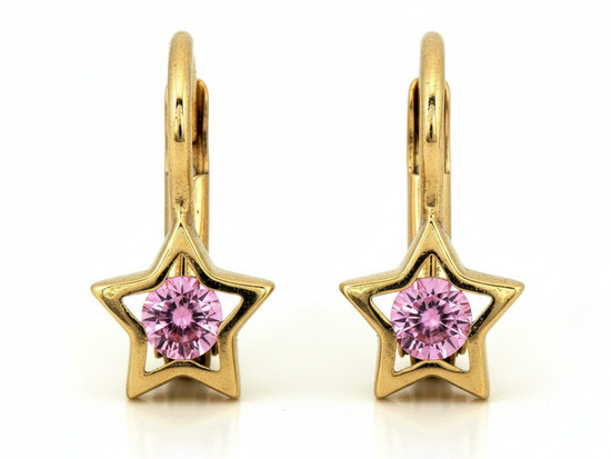 Złote kolczyki angielskie gwiazdka z różową cyrkonią
