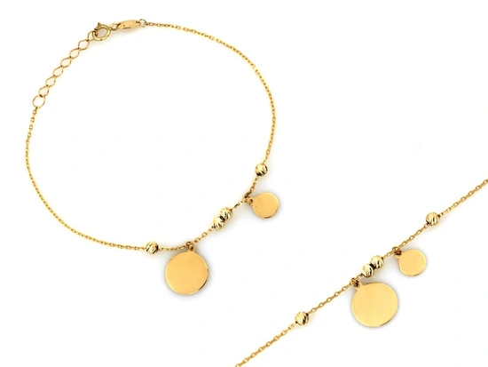 Bransoletka złota łańcuszek z kulkami i wiszącymi blaszkami