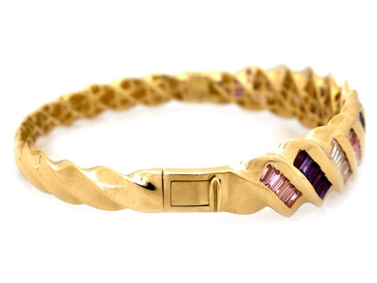 Bransoleta złota sztywna szeroka z kolorowymi cyrkoniami