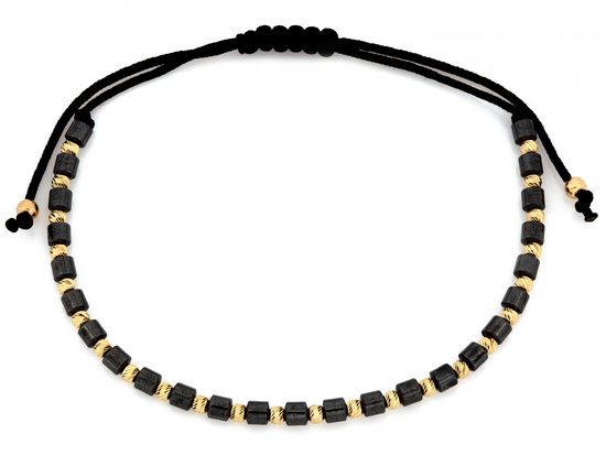 Bransoletka złote kulki i walcowate hematyty na czarnym sznurku