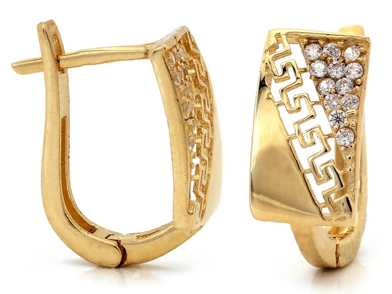 Kolczyki złote angielskie blaszki z cyrkoniami i greckim wzorem