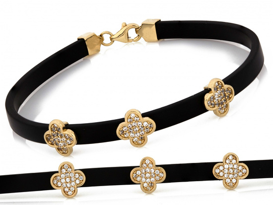 Bransoletka złota kwiatki z cyrkoniami na czarnym pasku