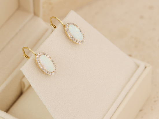 Kolczyki złote angielskie z opalem i cyrkoniami