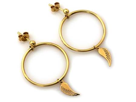 Kolczyki złote na sztyfcie kółka z wiszącymi skrzydłami