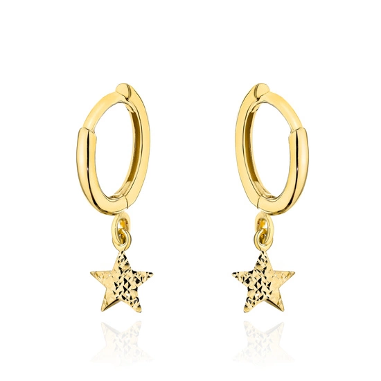 Złote kolczyki 585 kółeczka z diamentowanymi gwiazdkami