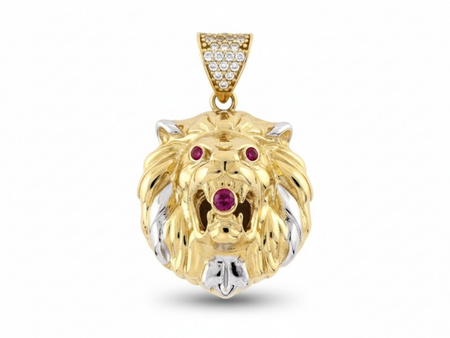 Złota zawieszka głowa lwa z czerwonymi cyrkoniami