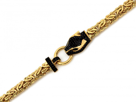 Bransoletka złota gruba okazała z głową pantery czarne kamienie