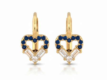 Kolczyki złote z sercami z niebieskimi cyrkoniami