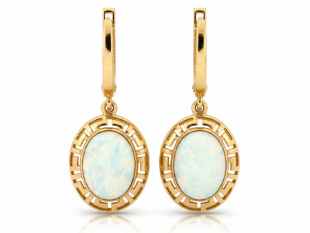 Kolczyki złote wiszące z owalnym opalem z wzorem greckim