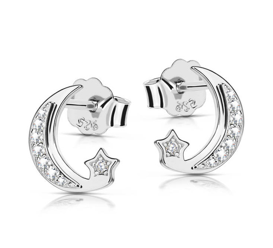 Srebrne kolczyki 925 z diamentowymi cyrkoniami - księżyc, gwiazdka