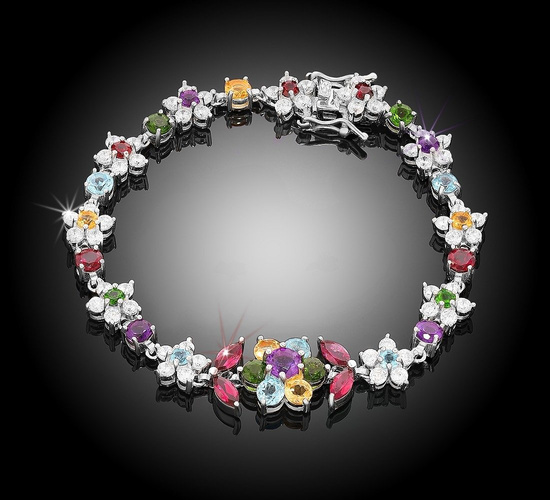 Bransoletka srebrna 925 z 5 naturalnymi ametystami, 6 diopsydami, 5 cytrynami, 9 rodolitami i 6 topazami