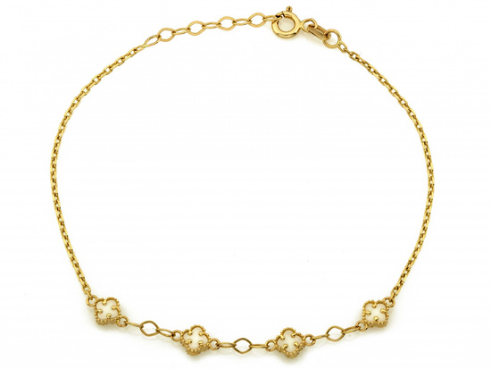 Bransoletka złota łańcuszkowa małe kwiatki z masą perłową