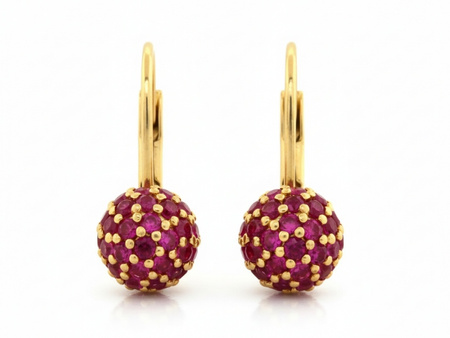 Kolczyki złote angielskie kulki z czerwonymi cyrkoniami