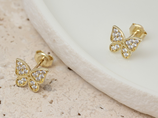 Kolczyki złote motyl z cyrkoniami na sztyfcie