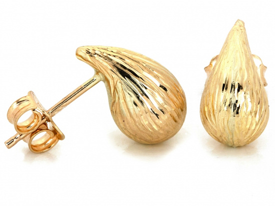 Złote krople kolczyki na sztyfcie frezowane zdobione